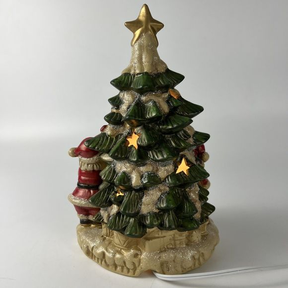 Vtg Opulence Lighted Christmas Tree Ceramic Santa Children Village Lit Stars 10” - Picture 6 of 16